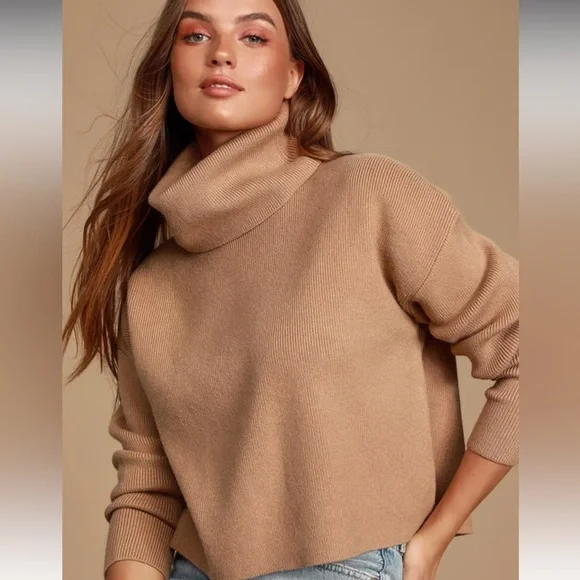 Lulus “Lets Cuddle Tan Cowel Neck Sweater” - Picture 1 of 8